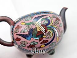 19th Century Cloisonné Bronze Teapot with Bird, Butterfly, and Flower Motif, Meiji Period