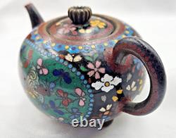 19th Century Cloisonné Bronze Teapot with Bird, Butterfly, and Flower Motif, Meiji Period