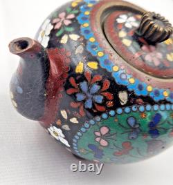19th Century Cloisonné Bronze Teapot with Bird, Butterfly, and Flower Motif, Meiji Period