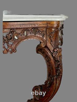 19th Century Louis XV Style Carved Oak Console Table with White Marble Top
