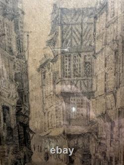 19th Century Old Drawing Signed View of Half-Timbered Houses from the Middle Ages