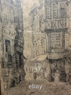19th Century Old Drawing Signed View of Half-Timbered Houses from the Middle Ages