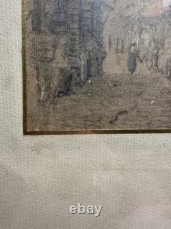 19th Century Old Drawing Signed View of Half-Timbered Houses from the Middle Ages