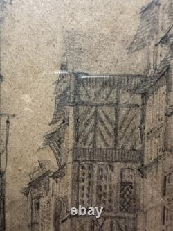 19th Century Old Drawing Signed View of Half-Timbered Houses from the Middle Ages