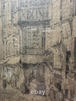 19th Century Old Drawing Signed View of Half-Timbered Houses from the Middle Ages