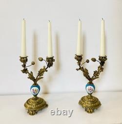 19th Century Solid Gilded Bronze Candle Holders / Candelabras with Porcelain Stems