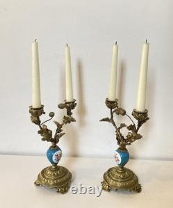 19th Century Solid Gilded Bronze Candle Holders / Candelabras with Porcelain Stems