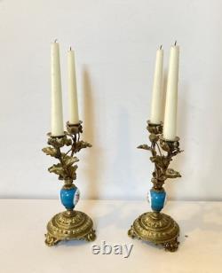 19th Century Solid Gilded Bronze Candle Holders / Candelabras with Porcelain Stems