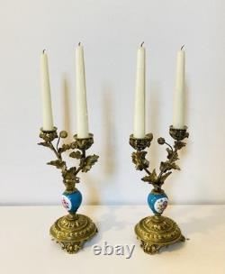 19th Century Solid Gilded Bronze Candle Holders / Candelabras with Porcelain Stems