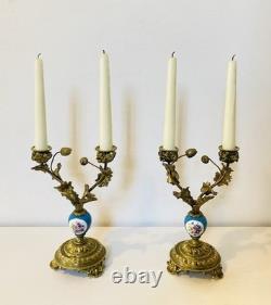 19th Century Solid Gilded Bronze Candle Holders / Candelabras with Porcelain Stems