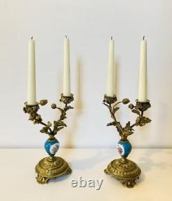 19th Century Solid Gilded Bronze Candle Holders / Candelabras with Porcelain Stems
