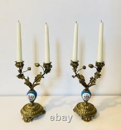 19th Century Solid Gilded Bronze Candle Holders / Candelabras with Porcelain Stems