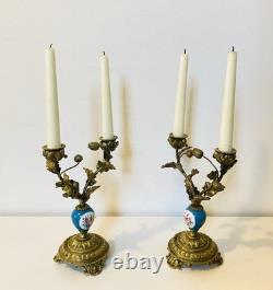 19th Century Solid Gilded Bronze Candle Holders / Candelabras with Porcelain Stems