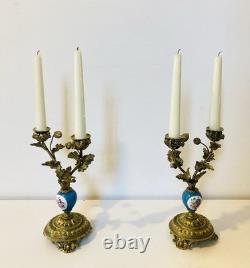 19th Century Solid Gilded Bronze Candle Holders / Candelabras with Porcelain Stems