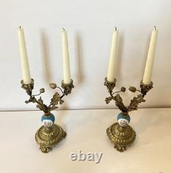 19th Century Solid Gilded Bronze Candle Holders / Candelabras with Porcelain Stems