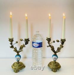 19th Century Solid Gilded Bronze Candle Holders / Candelabras with Porcelain Stems