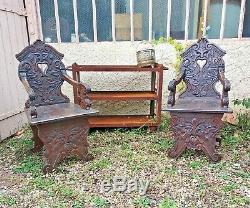 2 Armchairs In Chateau De Chene Beautiful Sculpture Of Devil Period End XIX Em