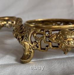 2 Gilded Bronze Bases, Mount for Vase, Sculpture Lamp 19th Century Asia