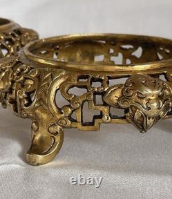 2 Gilded Bronze Bases, Mount for Vase, Sculpture Lamp 19th Century Asia