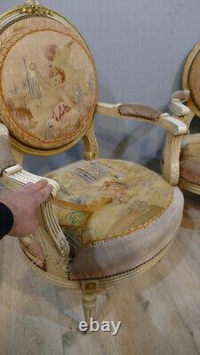 4 Louis XVI Style Armchairs In Lacquered Wood And Gold Rehauts, Late 19th Century