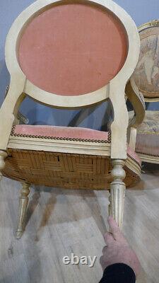 4 Louis XVI Style Armchairs In Lacquered Wood And Gold Rehauts, Late 19th Century