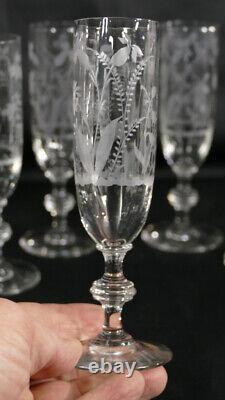 6 Champagne Flutes En Cristal Gravé De Fleurs Époque Xixème Napoléon III