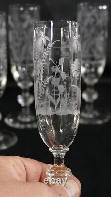 6 Champagne Flutes En Cristal Gravé De Fleurs Époque Xixème Napoléon III