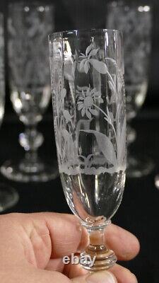 6 Champagne Flutes En Cristal Gravé De Fleurs Époque Xixème Napoléon III