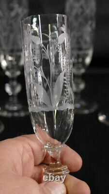 6 Champagne Flutes En Cristal Gravé De Fleurs Époque Xixème Napoléon III
