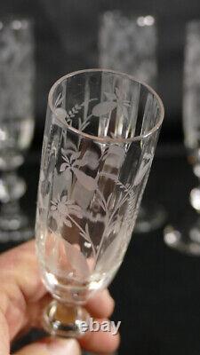 6 Champagne Flutes En Cristal Gravé De Fleurs Époque Xixème Napoléon III