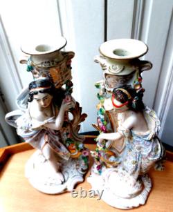 ANCIENT PAIR OF PORCELAIN AND BISCUIT CANDLESTICKS 19TH CENTURY