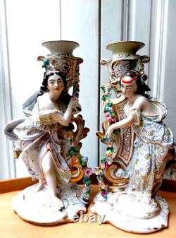 ANCIENT PAIR OF PORCELAIN AND BISCUIT CANDLESTICKS 19TH CENTURY