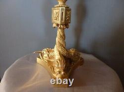 ANTIQUE 19th CENTURY BRONZE LAMP SIGNED CH. BLANC PARIS TRIPOD DOLPHINS GILDING ERA