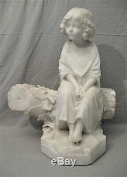 Alabaster Sculpture Era Nineteenth Century Little Girl On A Tree Trunk