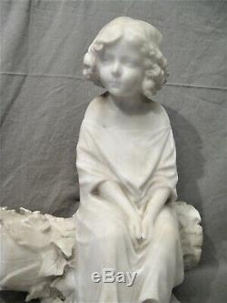 Alabaster Sculpture Era Nineteenth Century Little Girl On A Tree Trunk