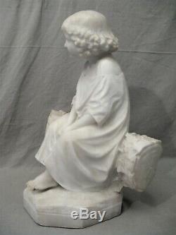 Alabaster Sculpture Era Nineteenth Century Little Girl On A Tree Trunk