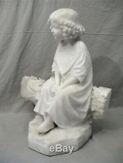 Alabaster Sculpture Era Nineteenth Century Little Girl On A Tree Trunk