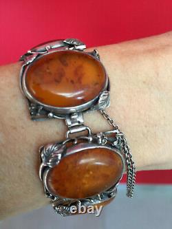 Ancien Bracelet Epoque Art New End 19th, Argent And Ambre, Minerve Poinçon