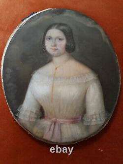 Ancien Portrait Mignature Jeune Femme Xixepoque Louis-philipe