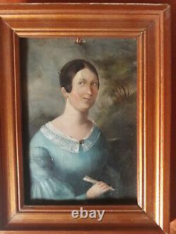 Ancien Small Portrait Of Young Women H/t Debut XIX Epoque Restoration