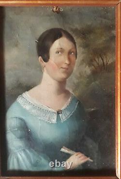 Ancien Small Portrait Of Young Women H/t Debut XIX Epoque Restoration