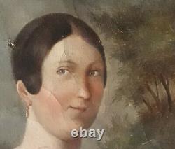 Ancien Small Portrait Of Young Women H/t Debut XIX Epoque Restoration