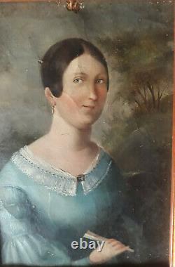 Ancien Small Portrait Of Young Women H/t Debut XIX Epoque Restoration