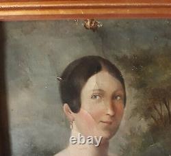 Ancien Small Portrait Of Young Women H/t Debut XIX Epoque Restoration