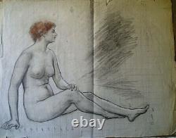 Ancient Drawing Study of a Nude Woman Sitting 19th Century