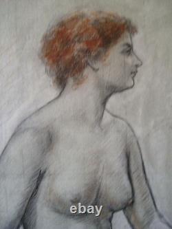Ancient Drawing Study of a Nude Woman Sitting 19th Century