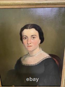 Ancient Painting Oil On Canvas Portrait Of Lady / Woman Age 19th Century