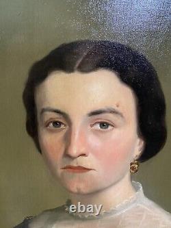 Ancient Painting Oil On Canvas Portrait Of Lady / Woman Age 19th Century