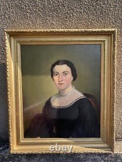 Ancient Painting Oil On Canvas Portrait Of Lady / Woman Age 19th Century