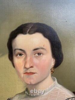 Ancient Painting Oil On Canvas Portrait Of Lady / Woman Age 19th Century